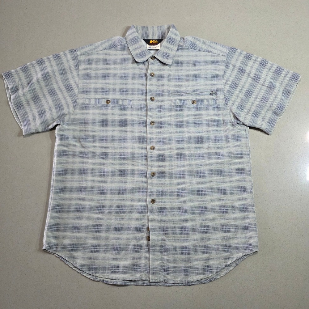 REI Co-op Mens Blue White Plaid Short Sleeve Vented Hiking Button Down Shirt M